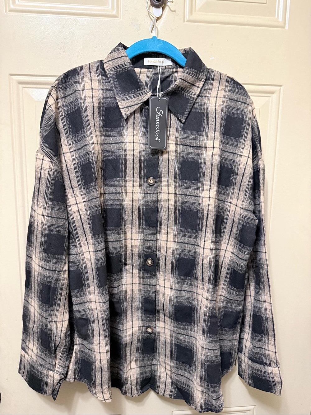 Fantaslook Black & Cream Plaid Button-Up Shirt Size Large